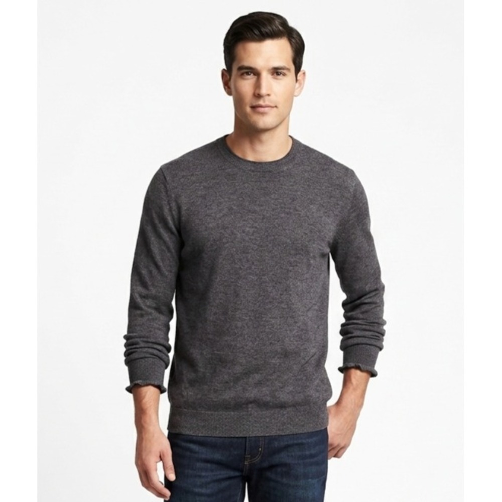 Jones New York Sweater Mens M Charcoal Gray Merino Wool Crew Neck Ribbed Hem